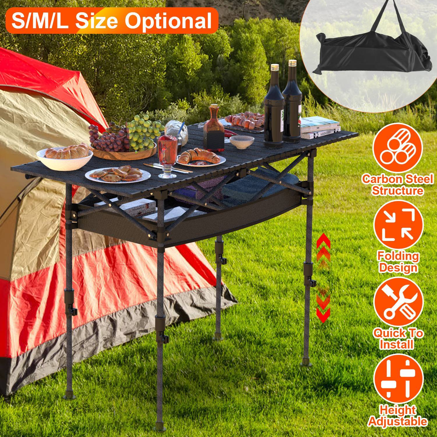 S-M-L Portable Folding Camping Table - Adjustable Height Rustproof Carbon Steel Roll-Up Table