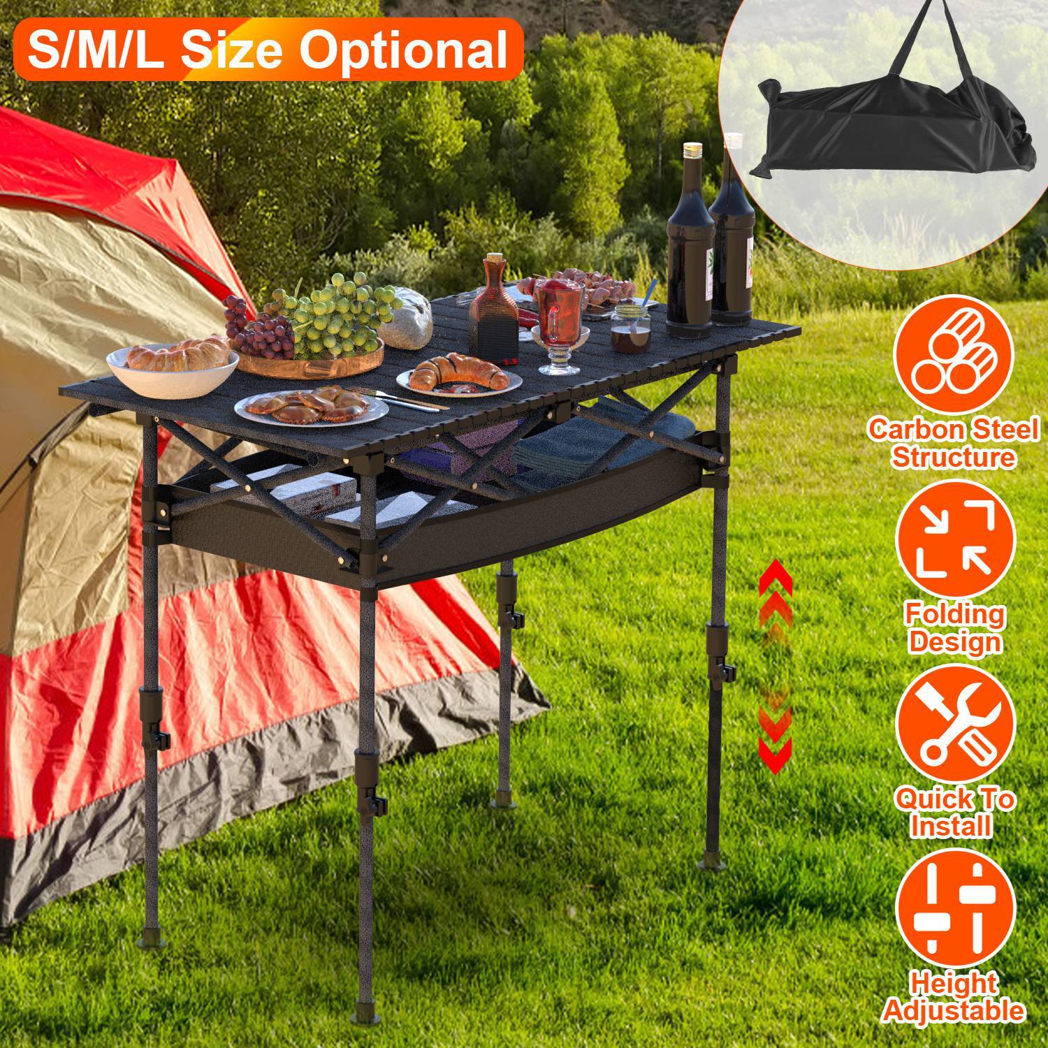 S-M-L Portable Folding Camping Table - Adjustable Height Rustproof Carbon Steel Roll-Up Table