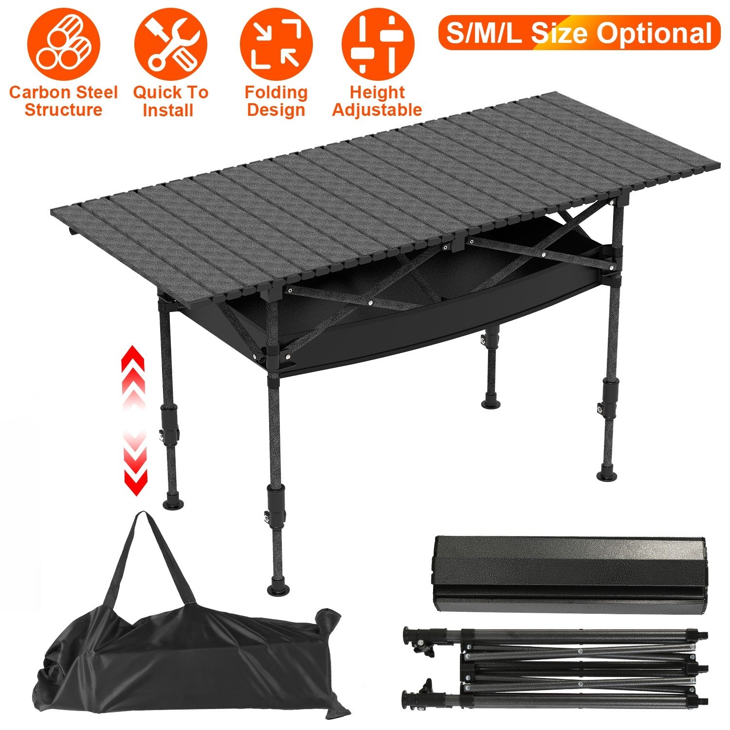 S-M-L Portable Folding Camping Table - Adjustable Height Rustproof Carbon Steel Roll-Up Table