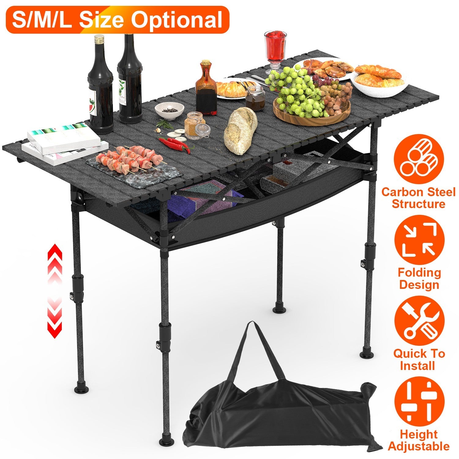 S-M-L Portable Folding Camping Table - Adjustable Height Rustproof Carbon Steel Roll-Up Table
