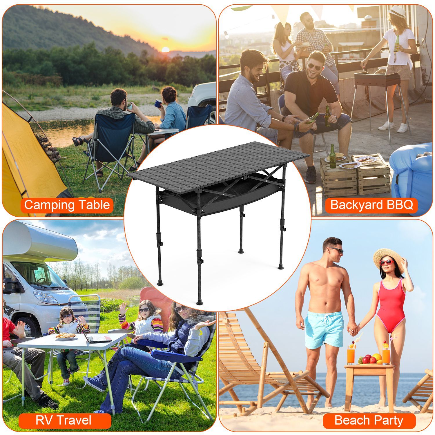 S-M-L Portable Folding Camping Table - Adjustable Height Rustproof Carbon Steel Roll-Up Table