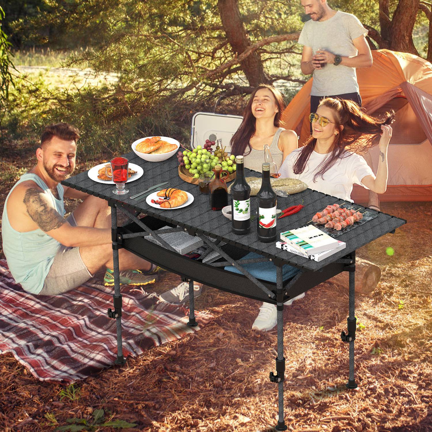 S-M-L Portable Folding Camping Table - Adjustable Height Rustproof Carbon Steel Roll-Up Table