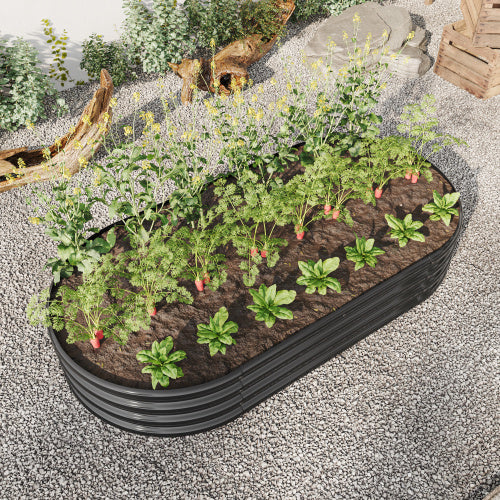 Coocosh Raised Garden Bed with PE Netting, featuring a variety of thriving vegetables and herbs, in black color, designed to enhance outdoor gardening experiences, dimensions suitable for compact spaces, captured from an elevated main view.