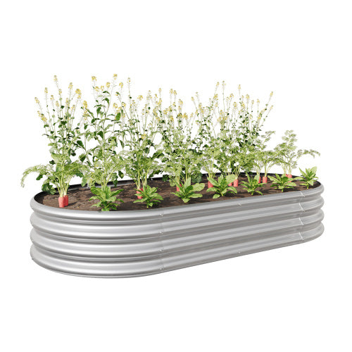 Coocosh Raised Garden Bed made from durable galvanized steel, featuring a sleek silver finish, ideal for growing a variety of plants, measuring approximately 48 inches long, presented in a main view filled with flourishing greenery.