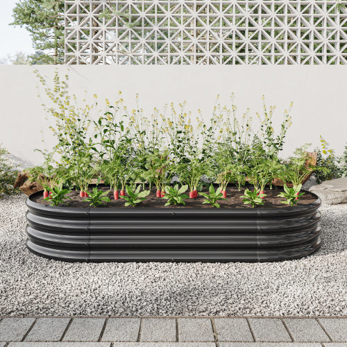 Coocosh outdoor raised planter bed made from weather-resistant galvanized metal, presented in a stylish black color, suitable for enriching your garden with flowers and herbs.