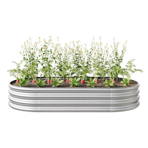 Coocosh Raised Garden Bed with durable galvanized steel, featuring a sleek silver finish, ideal for vibrant flowers or vegetables, measuring approximately 6 feet in length, showcased in an angled perspective with lush greenery thriving inside.