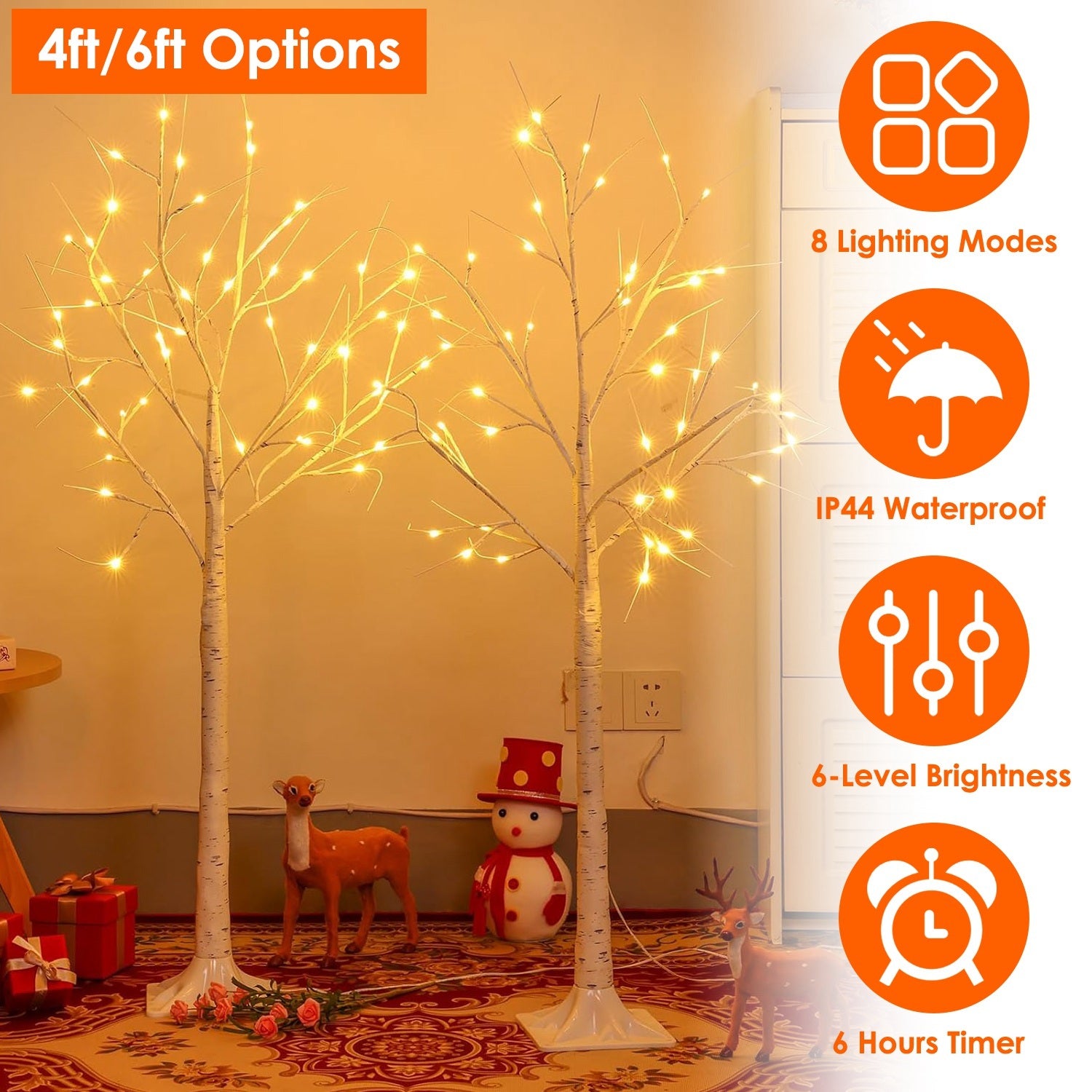 4FT-6FT Options -- 1Pc Lighted Birch Tree Artificial White Birch Twig Tree With 8 Warm White Lighting Modes For Wedding Party Christmas Holiday Festival Home Decoration