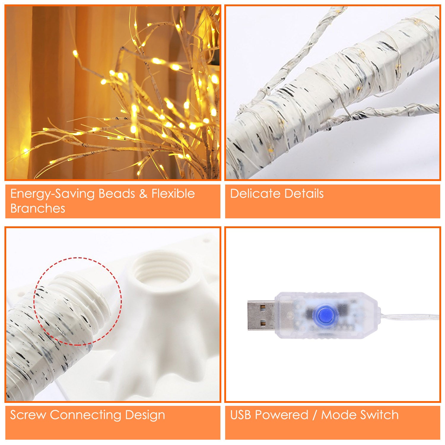 4FT-6FT Options -- 1Pc Lighted Birch Tree Artificial White Birch Twig Tree With 8 Warm White Lighting Modes For Wedding Party Christmas Holiday Festival Home Decoration