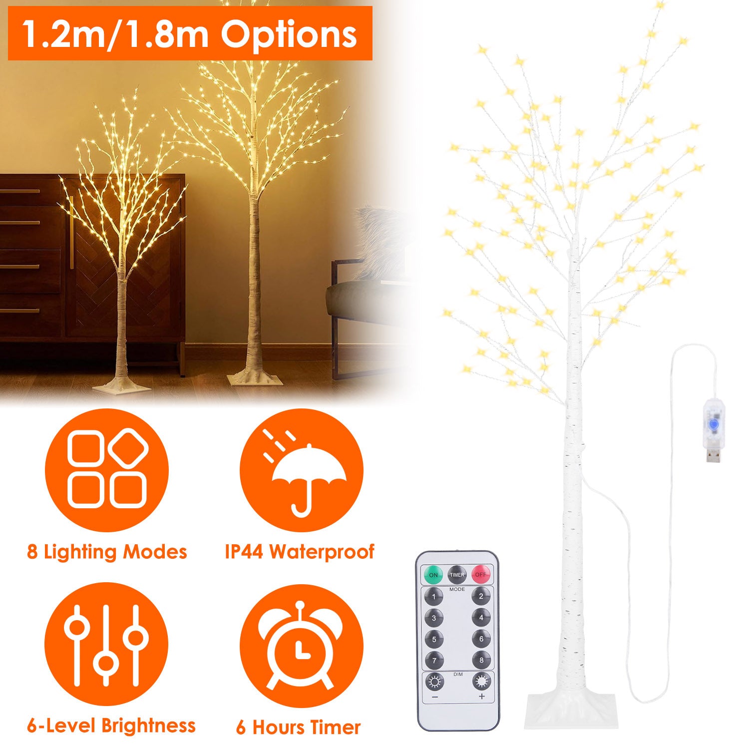 4FT-6FT Options -- 1Pc Lighted Birch Tree Artificial White Birch Twig Tree With 8 Warm White Lighting Modes For Wedding Party Christmas Holiday Festival Home Decoration