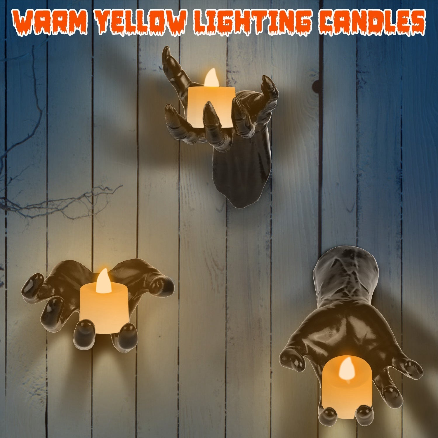 3Pcs Creepy Reaching Hands with Lighted Candles - Halloween Wall Decor