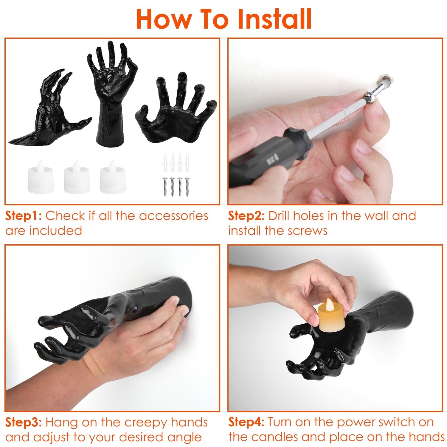 3Pcs Creepy Reaching Hands with Lighted Candles - Halloween Wall Decor