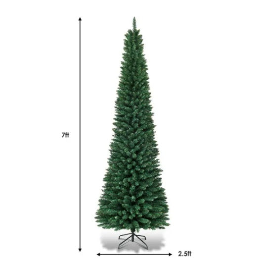 7ft Slim Pencil Christmas Tree - Space-Saving Design, 700 Realistic PVC Branches with Flocked Finish