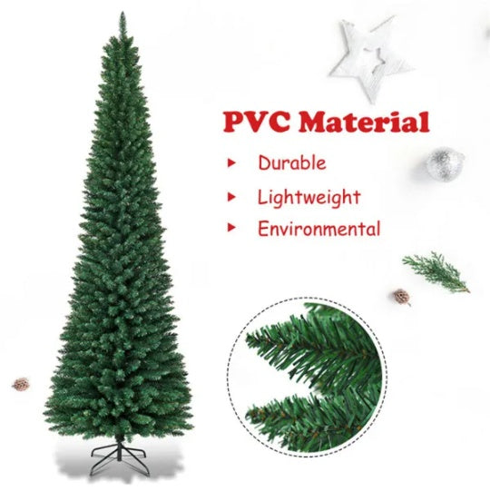 7ft Slim Pencil Christmas Tree - Space-Saving Design, 700 Realistic PVC Branches with Flocked Finish