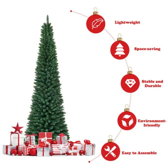 7ft Slim Pencil Christmas Tree - Space-Saving Design, 700 Realistic PVC Branches with Flocked Finish