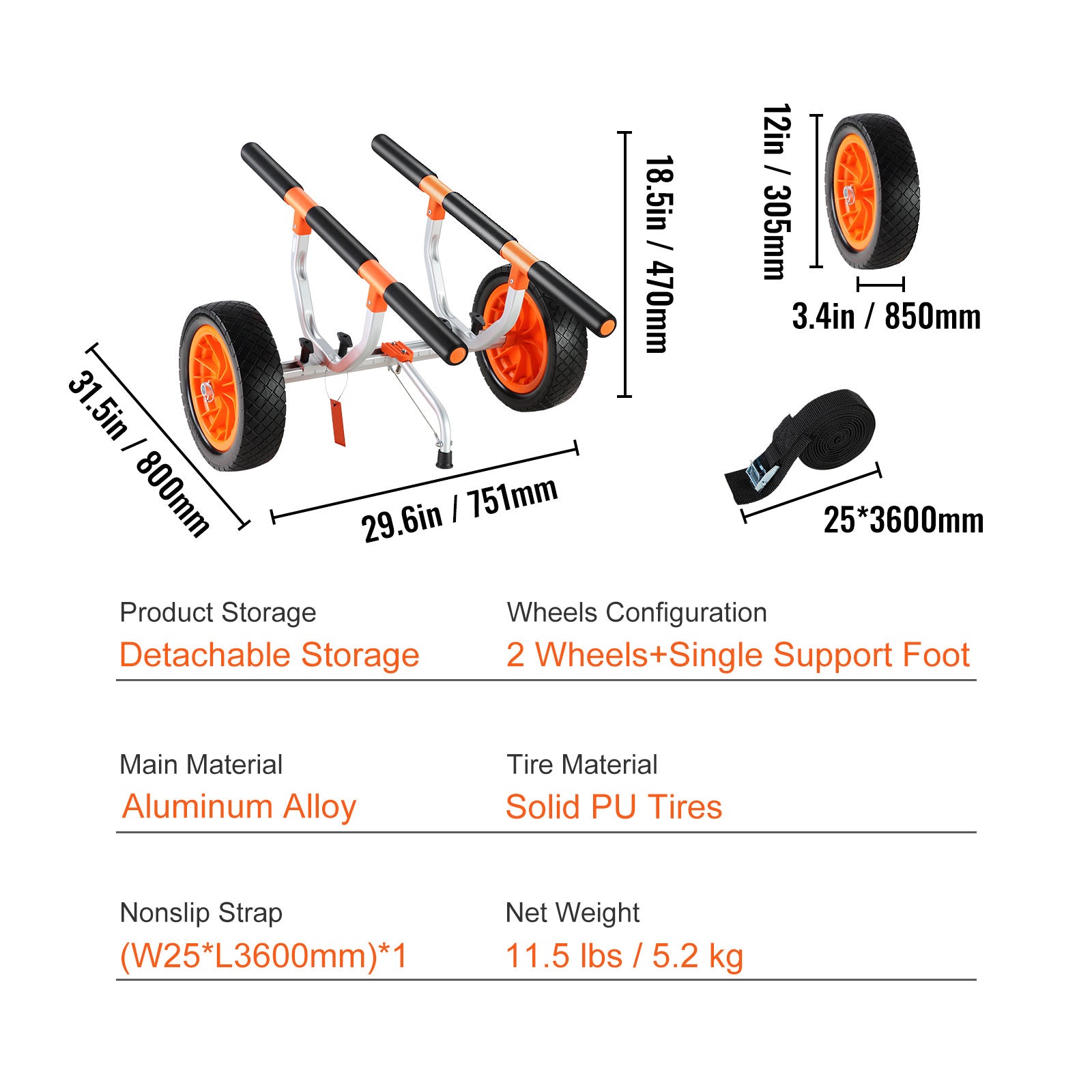 VEVOR Heavy Duty Kayak Cart, 450lbs Load Capacity, Detachable Canoe Trolley with 12" Solid Tires