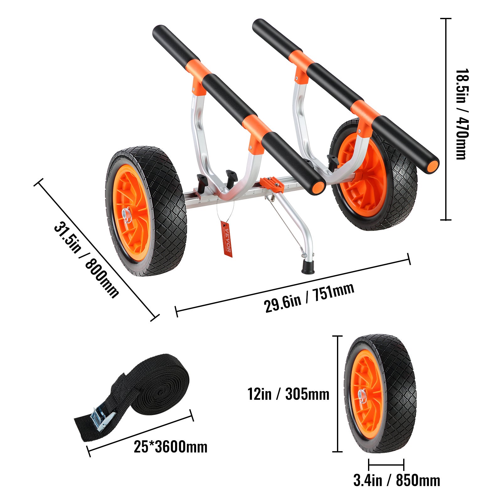 VEVOR Heavy Duty Kayak Cart, 450lbs Load Capacity, Detachable Canoe Trolley with 12" Solid Tires