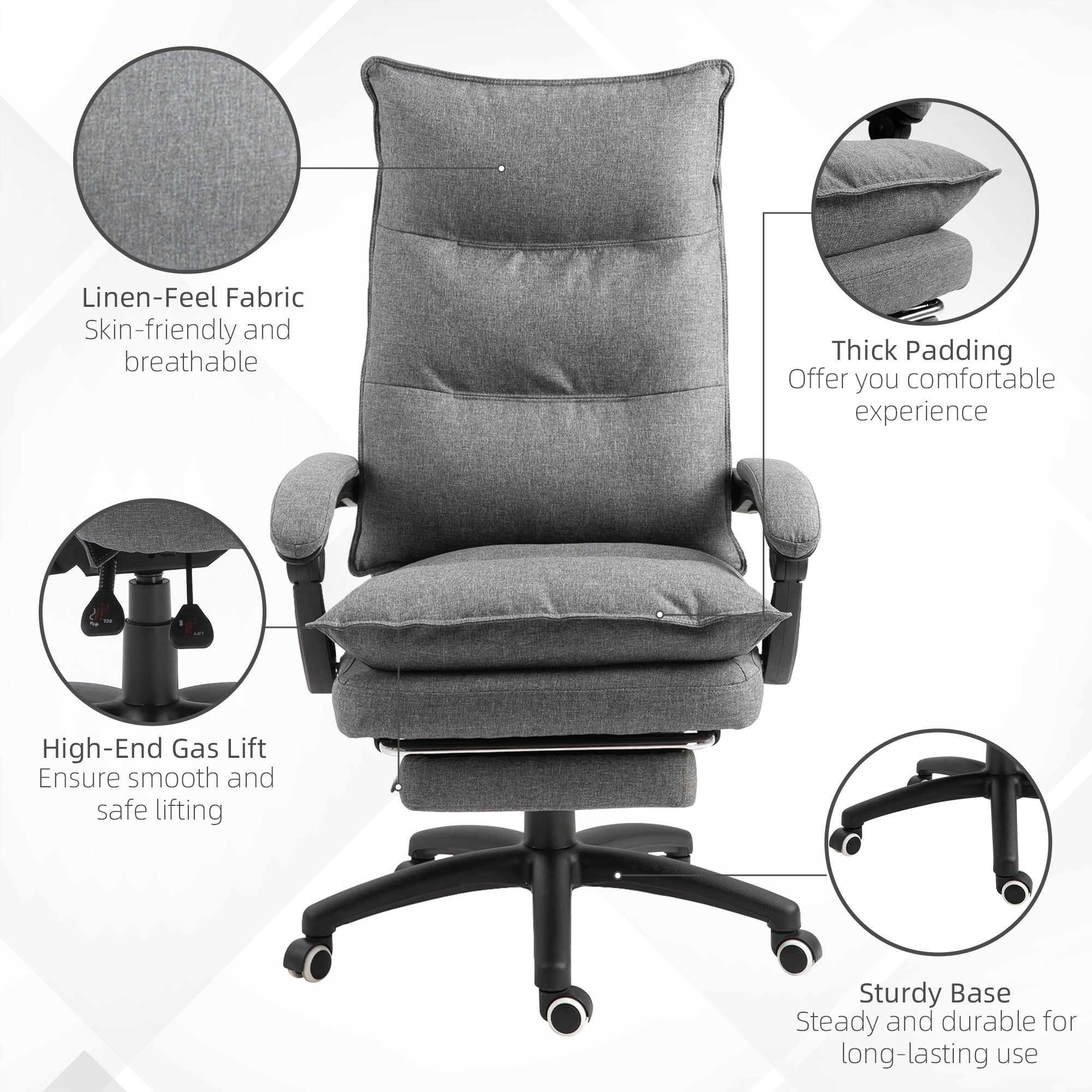 Coocosh versatile office chair with plush linen fabric, gray color, and smooth swivel rotation, perfect for those long hours spent in a creative workspace.