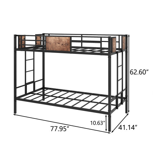 Coocosh Bunk Bed Frame made of durable metal with a modern black finish, featuring wooden accents. Dimensions are 77.95" L x 41.14" W x 62.60" H. Ideal for maximizing space in children's rooms with a stylish and functional design.