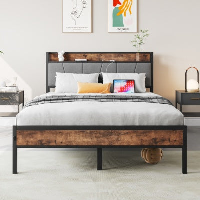 Full Size Bed Frame, Storage Headboard with Charging Station — Vintage Brown & Gray