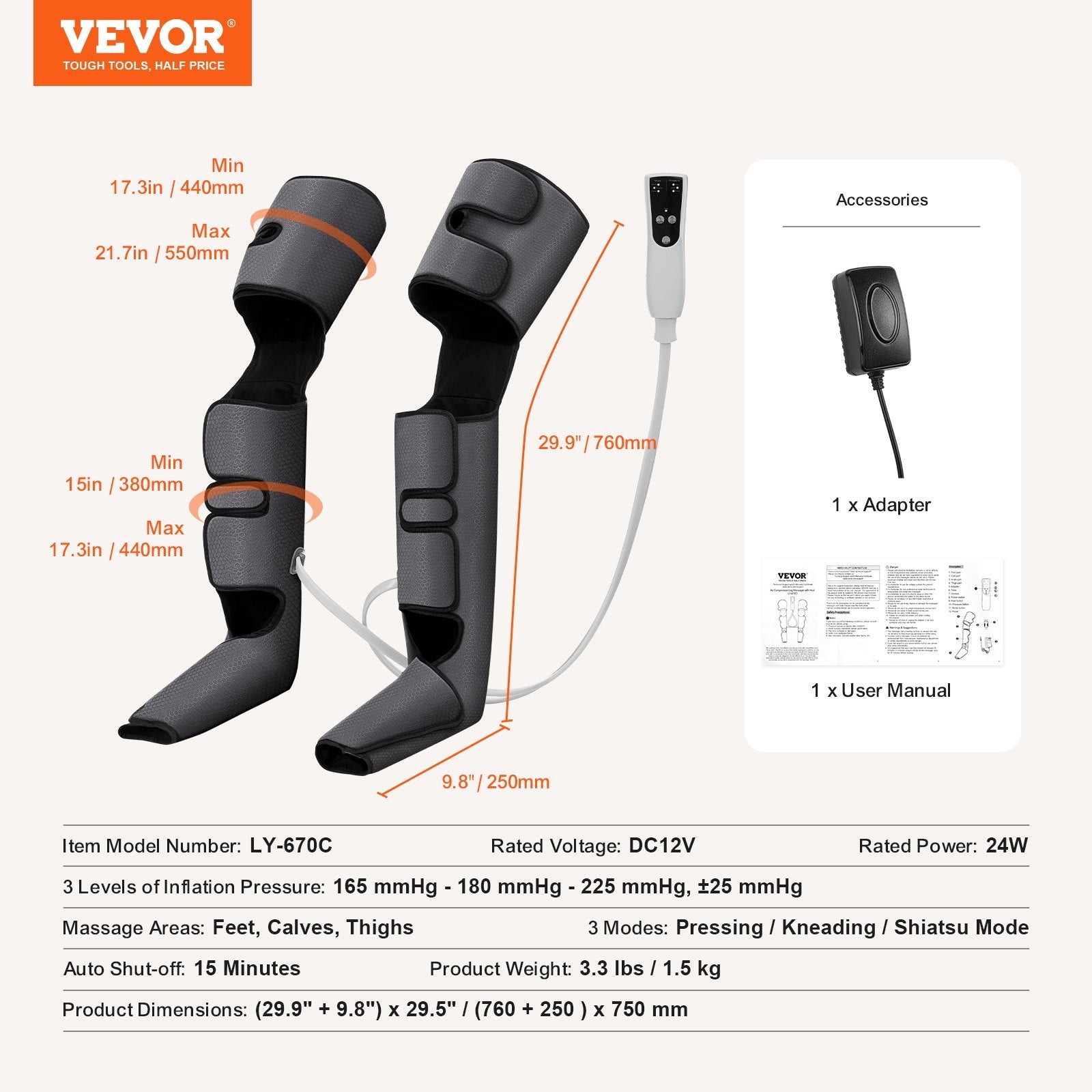 VEVOR Full Leg Massager - Air Compression Boots for Foot, Calf, Thigh & Knee (LY-670C)