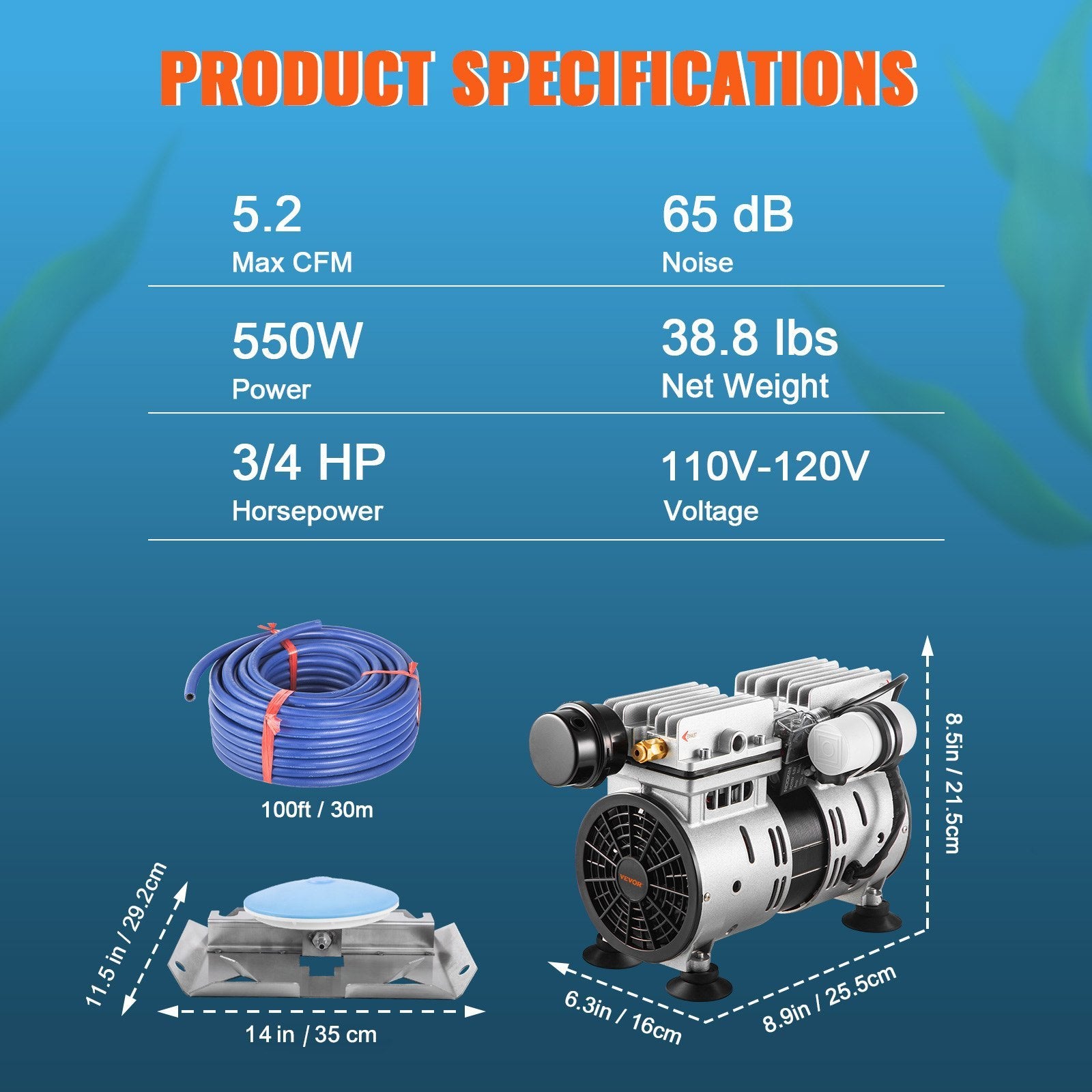 VEVOR Pond Aerator, 550W / 5.2 CFM — 100ft Weighted Tubing & Diffuser
