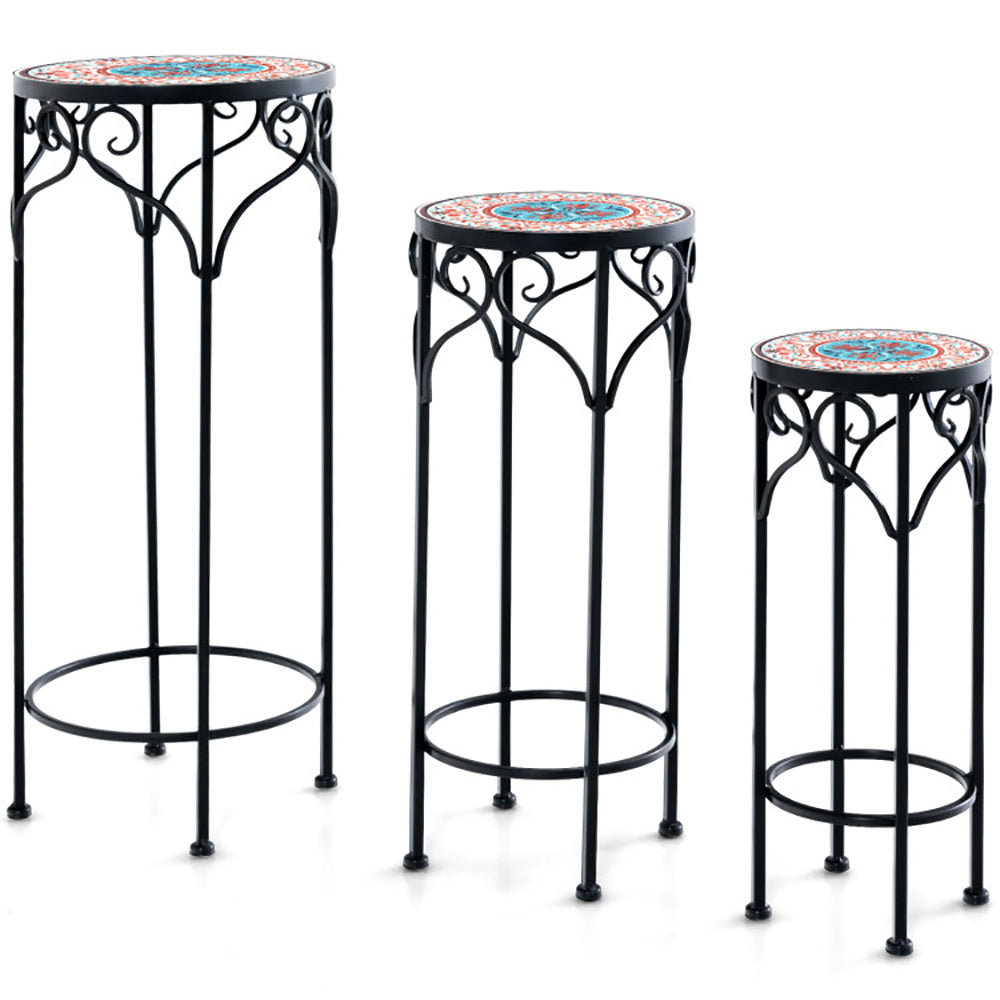 Coocosh Decorative Plant Stands Set of 3 with intricate metalwork, featuring colorful patterned tops and a sleek black finish, ideal for indoor or outdoor decor, enhancing spaces elegantly.