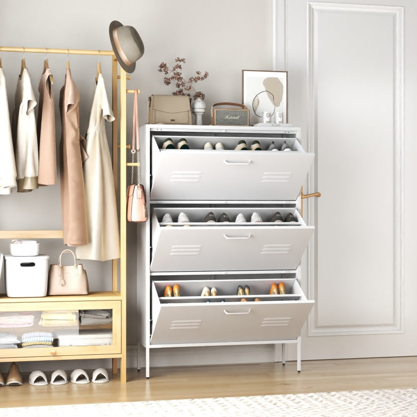 Coocosh Shoe Storage Cabinet featuring three flip drawers, made from sturdy metal, in a minimalist white finish, perfect for entryway organization.