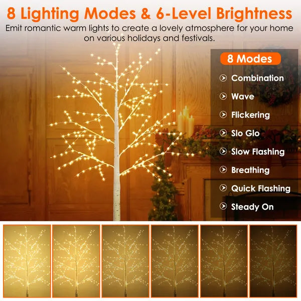 Lighted Birch Tree Artificial White Birch Twig Tree with 8 Warm White Lighting Modes & 6H Timer