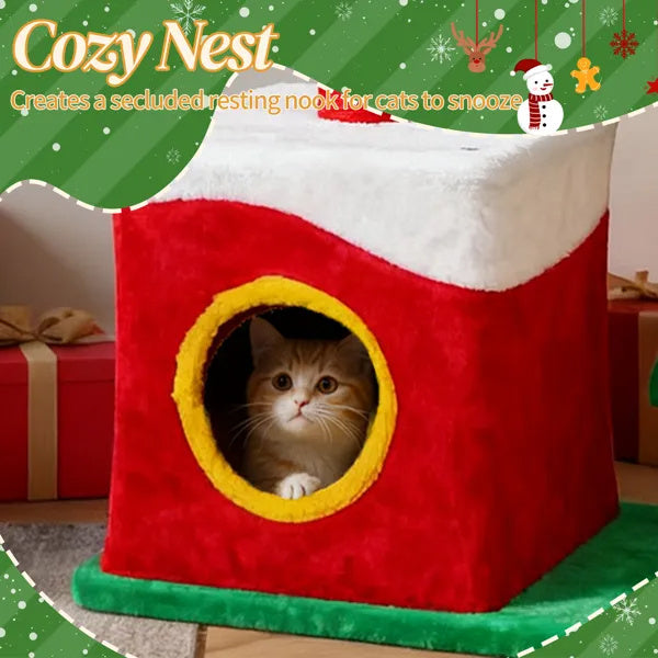 29.5in Christmas-Themed Plush Cat Tree — Multi-Level Cat Tower & Condo