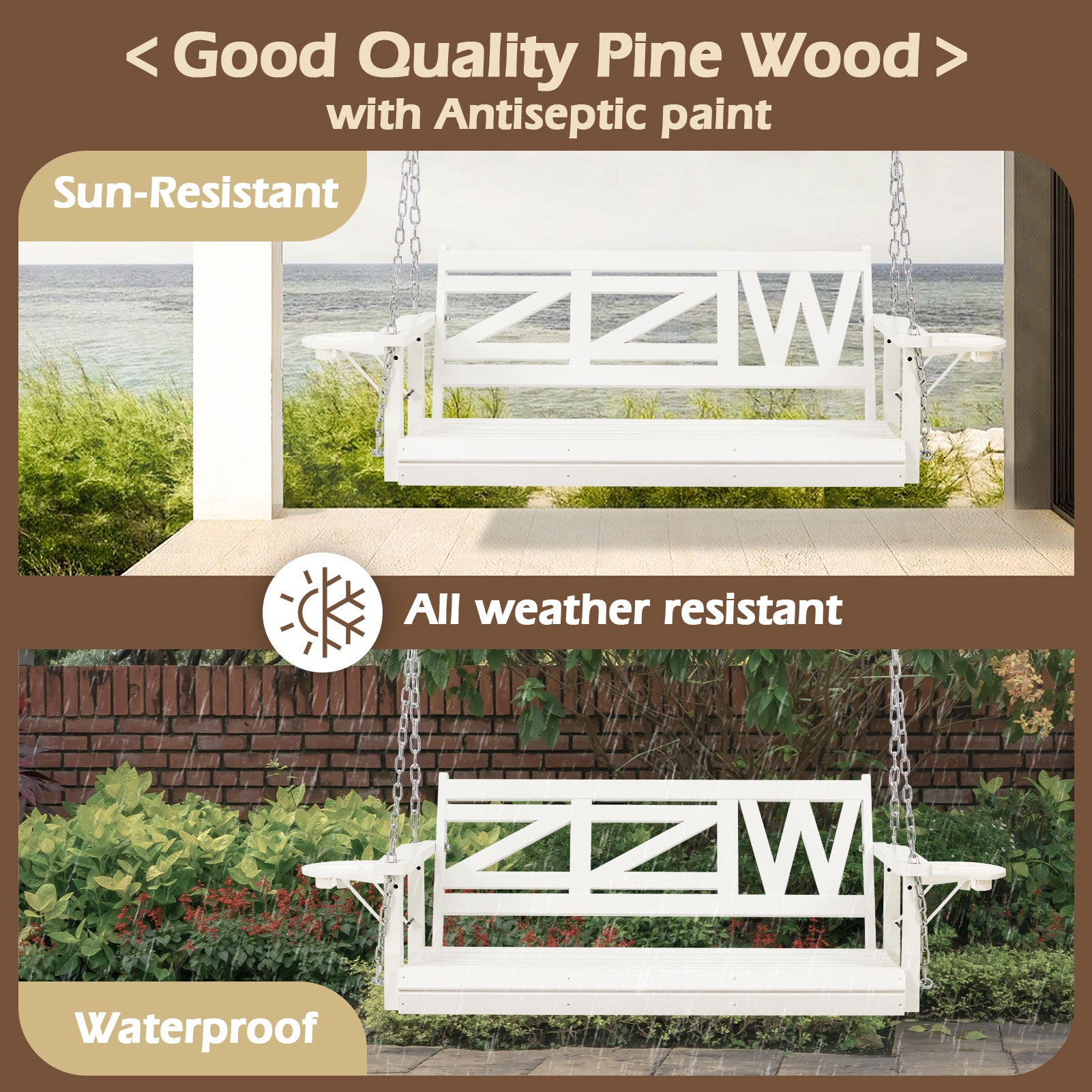 Wooden Outdoor Porch Swing With 2-Seat