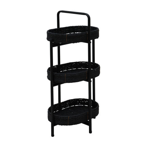 Small Handwoven Side Tables 3-Tier Oval Organizer Portable Storage Shelf For Kitchen, Living Room, Bedroom, Balcony, Picnic - Black