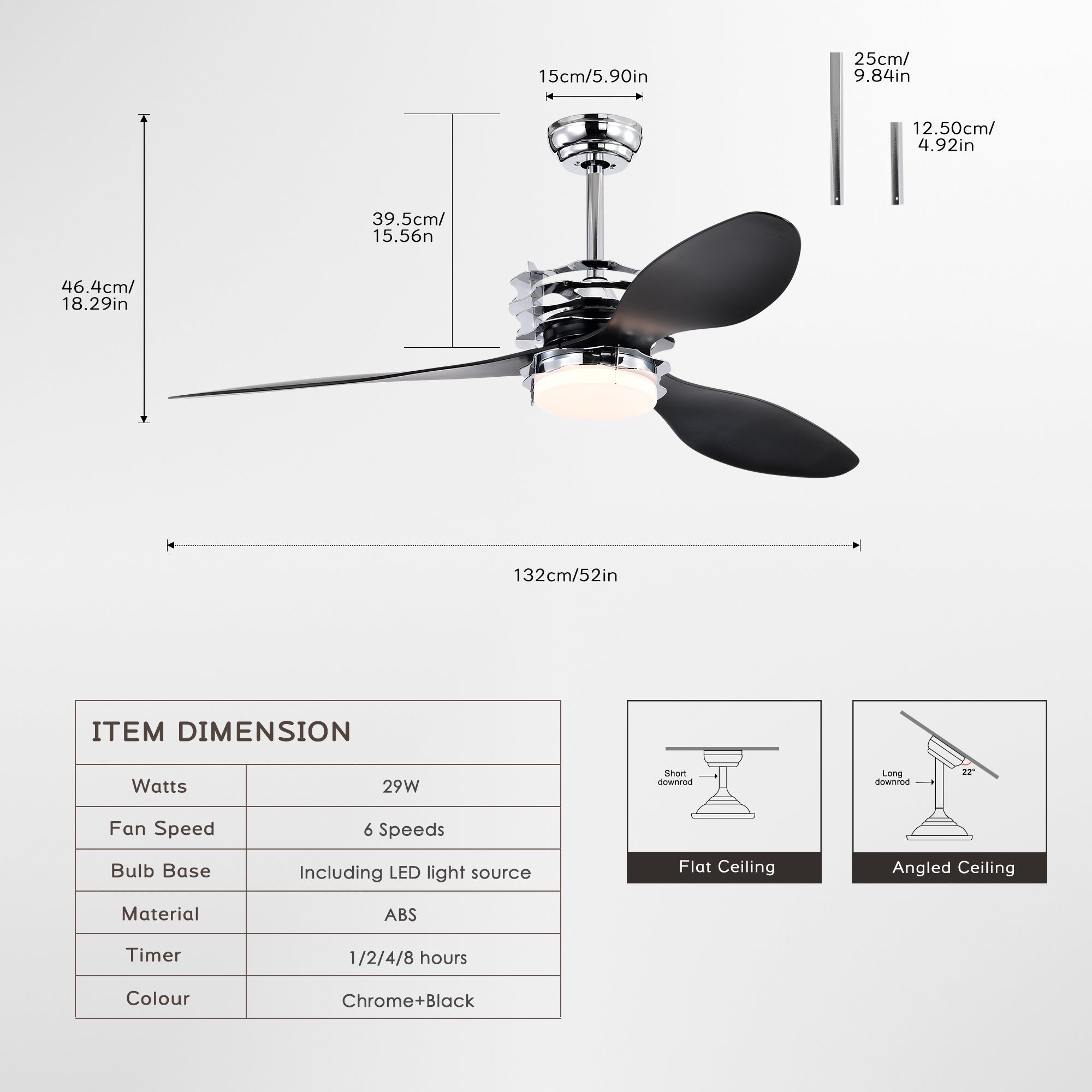 ABS Blades Ceiling Fan With Lights And Remote 6 Speeds Adjustable, DC Motor Modern 52" Ceiling Fan with 3 ABS Blades & 2 Down Rods