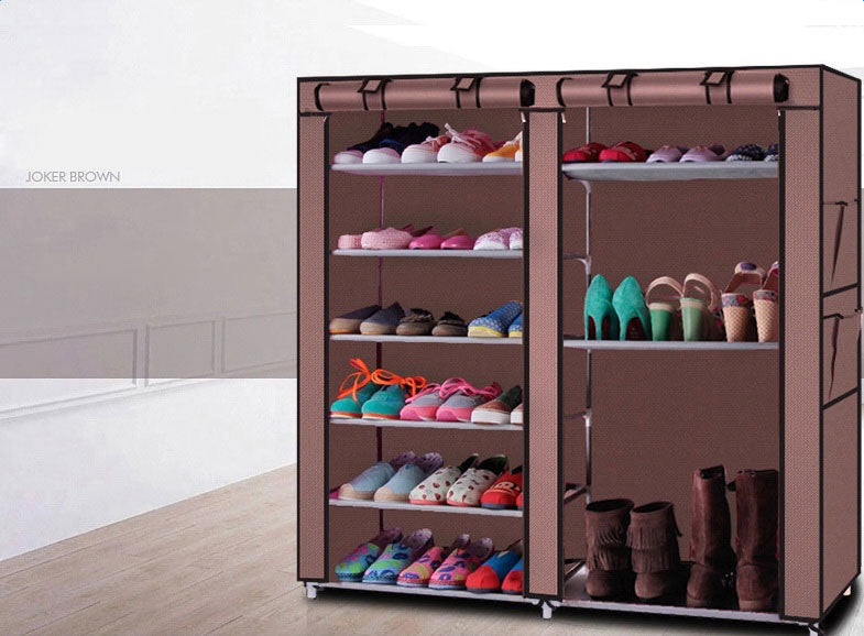 Double Row 9-Grid Non-woven Shoe Cabinet Boots - Coffee