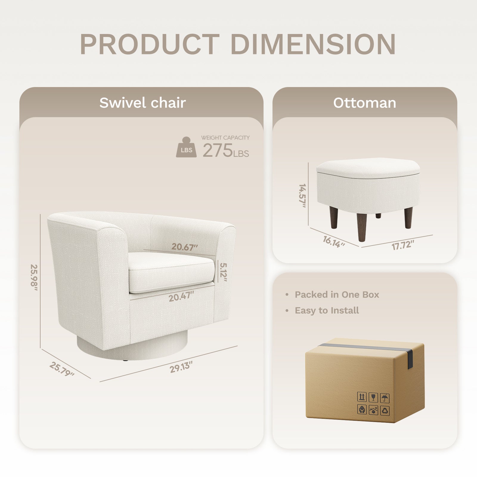 COLAMY Swivel Barrel Accent Chair With Ottoman, Modern Single Sofa, Upholstered Armchair With Storage Space For Home, Beige