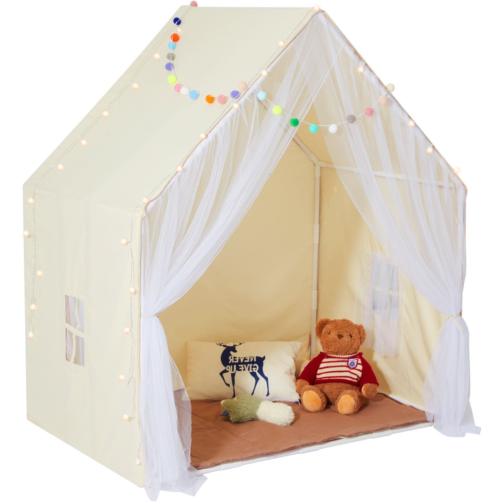 VEVOR Kids Play Tent, Yurt Playhouse with Mat & Pendant Lamp - Beige