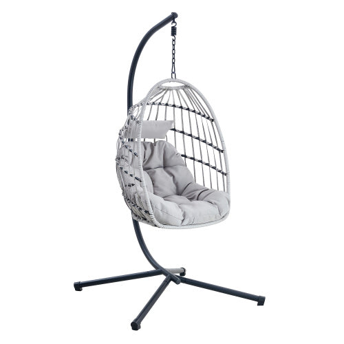 GR Heavy-Duty Iron Hanging Wicker Egg Chair — Single-Person Indoor/Outdoor Swing (Light Gray)