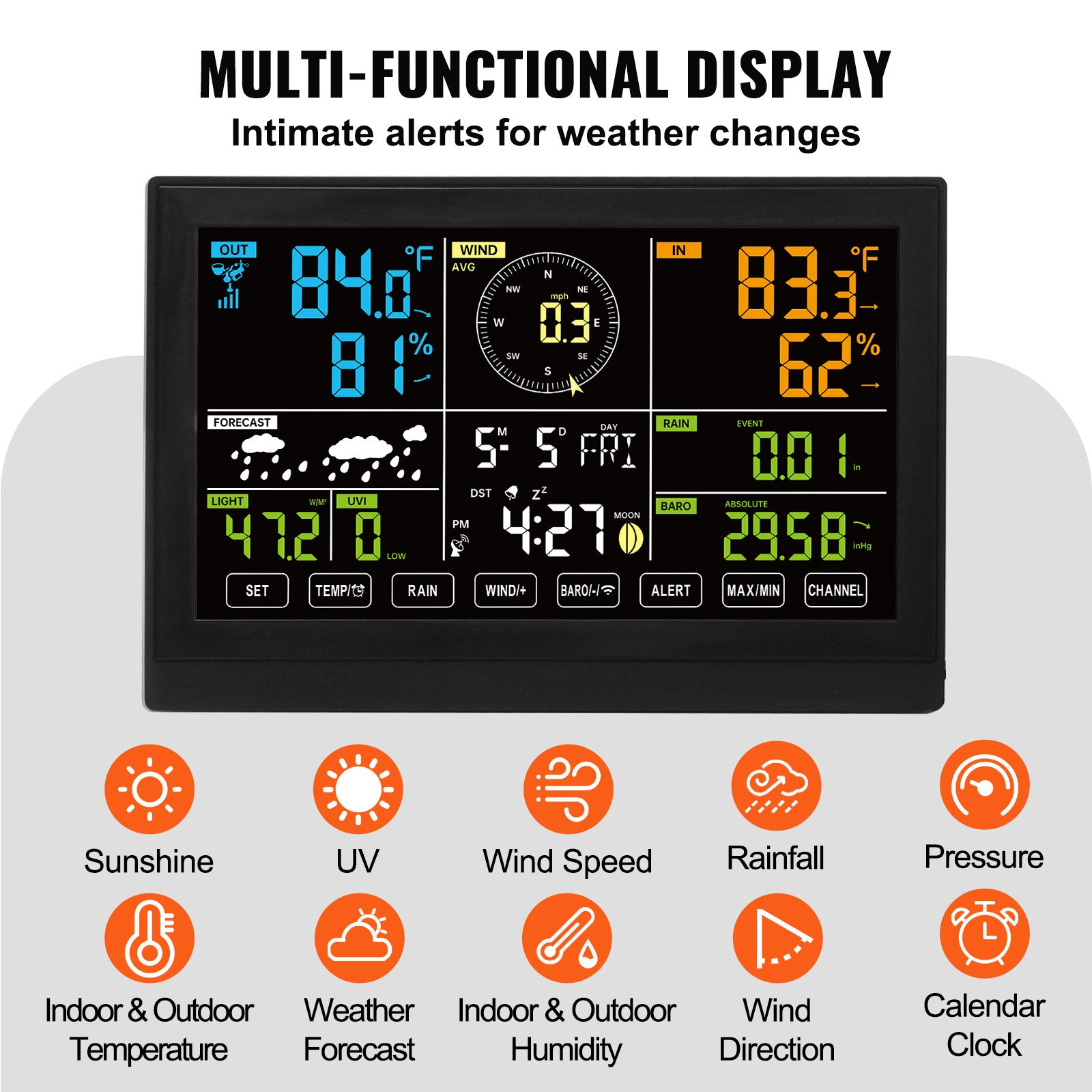 VEVOR 7-in-1 Wireless Weather Station, 7.5" Large Color Display — Indoor/Outdoor