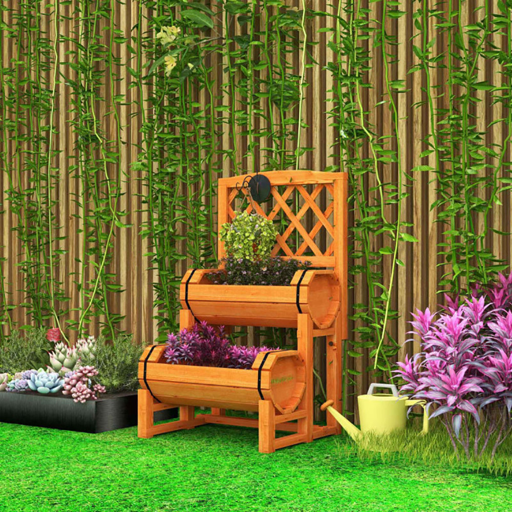 Coocosh Vertical Garden Planter made of durable wood, featuring two circular planting barrels for herbs and flowers, bright orange color, ideal for small spaces or balconies, displayed in a lush green setting.