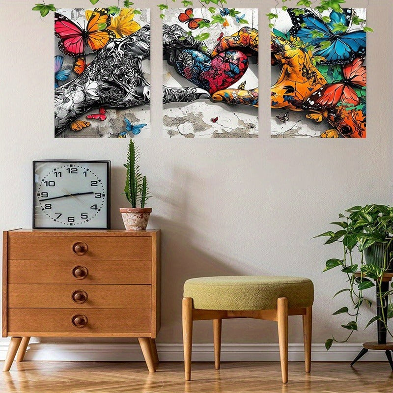 Framed 3pcs Graffiti Holding Hands Love Heart Canvas Wall Art
