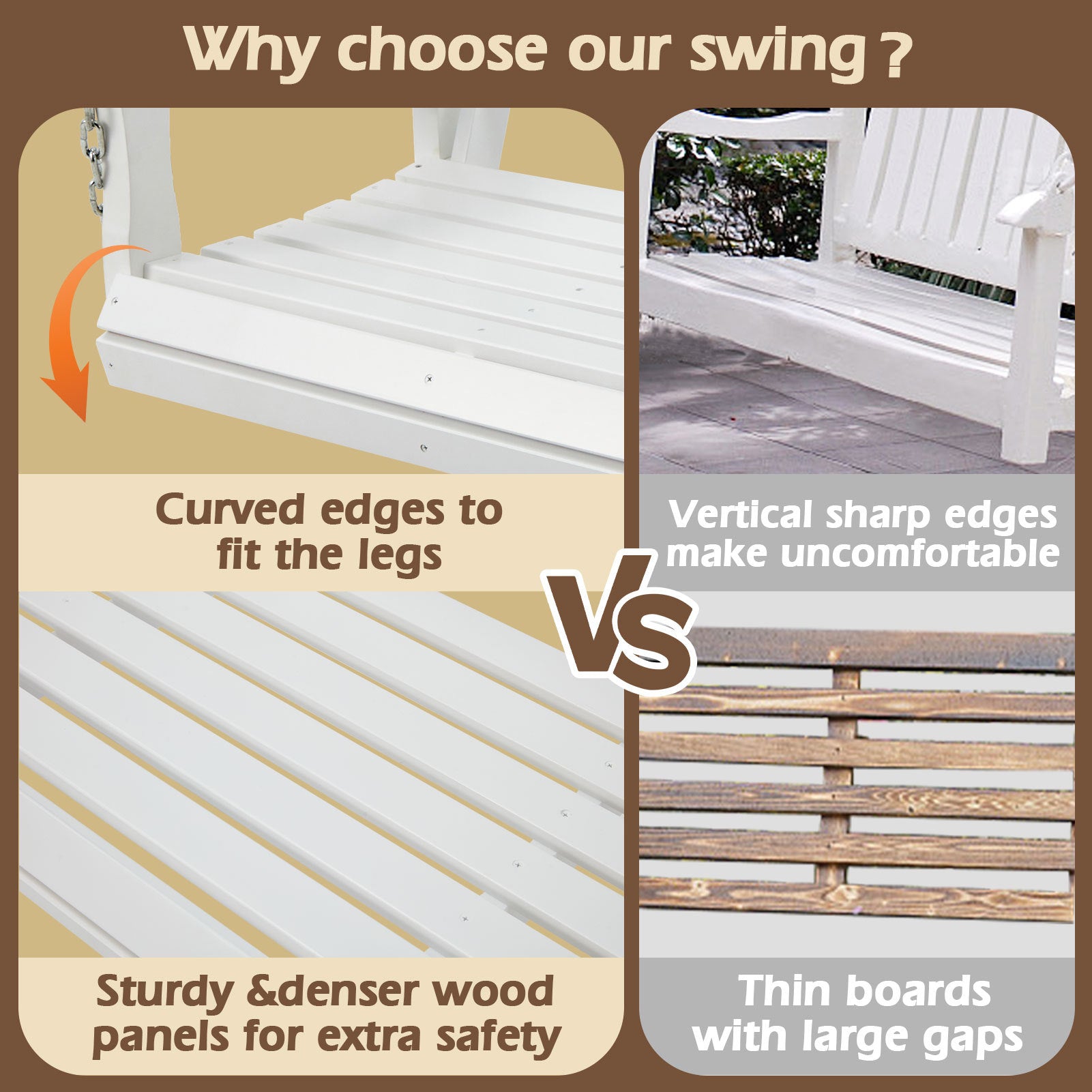 Wooden Outdoor Porch Swing With 2-Seat