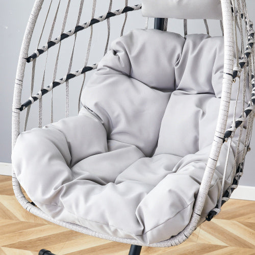 GR Heavy-Duty Iron Hanging Wicker Egg Chair — Single-Person Indoor/Outdoor Swing (Light Gray)