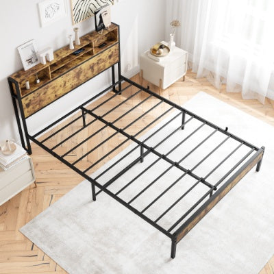 Coocosh Bed Frame with built-in storage drawer, made of sturdy metal and wood, featuring a rustic design in brown and black, dimensions suitable for standard mattresses, captured from a top-down perspective in a bright, stylish bedroom setting.