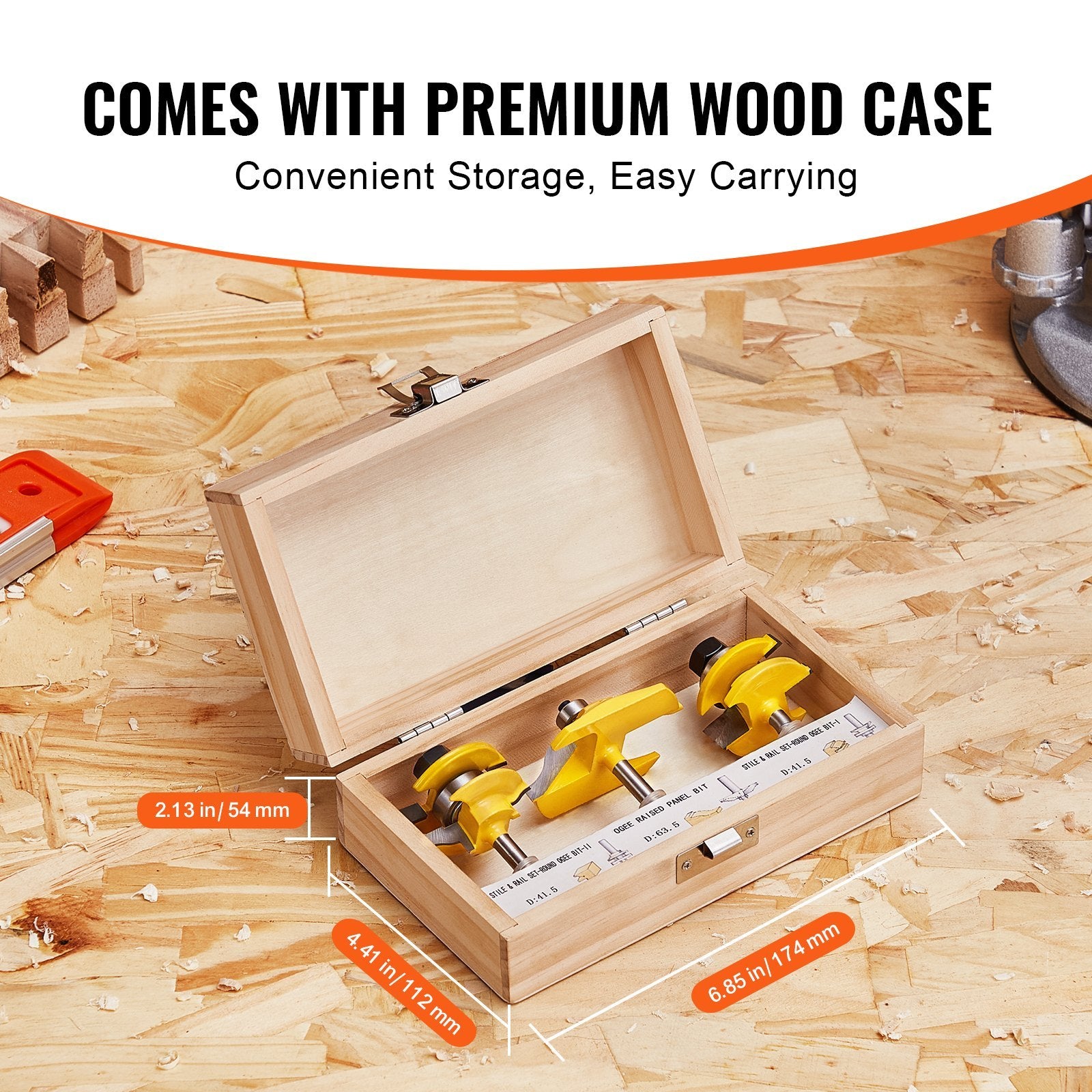 VEVOR 3-Piece Carbide Router Bit Set with 1/4" Shank & Carrying Case