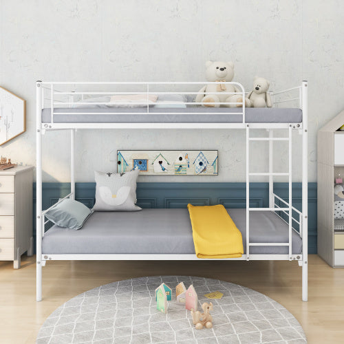 Twin-Over-Twin Bunk Bed With Metal Frame And Ladder, Space-Saving Design, White