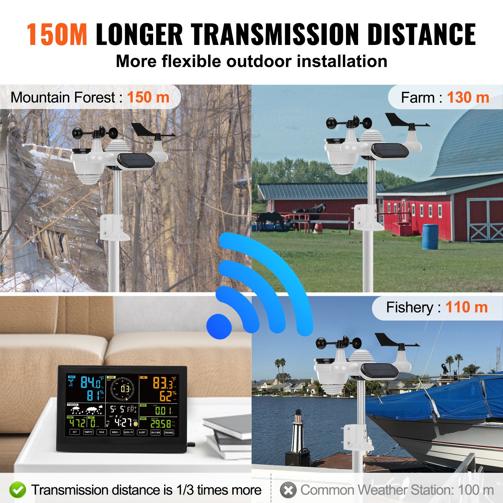 VEVOR 7-in-1 Wireless Weather Station, 7.5" Large Color Display — Indoor/Outdoor