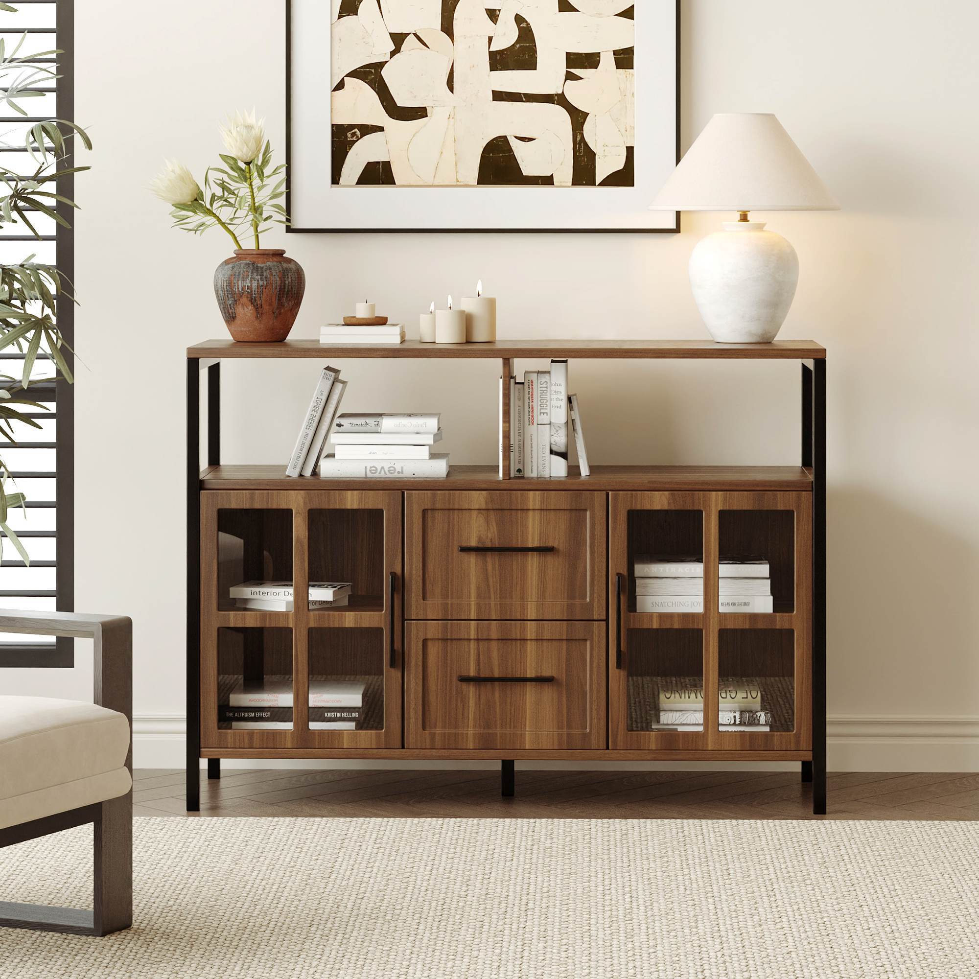 DL Store Living Room Buffet Cabinet with Glass Doors & Drawers — Brown
