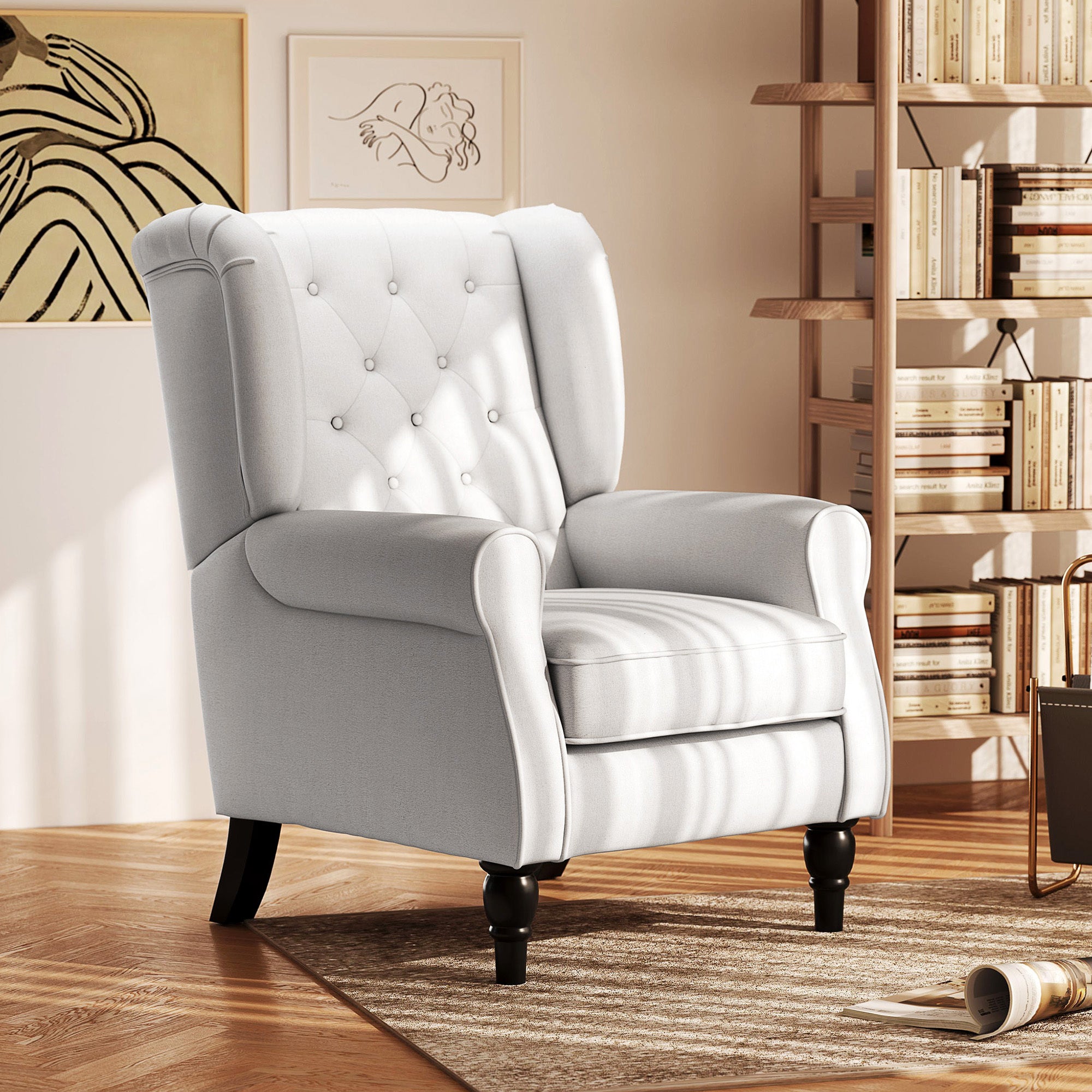 Cream White High Back Accent Chair Wooden Legs Removable Cushion - View 1