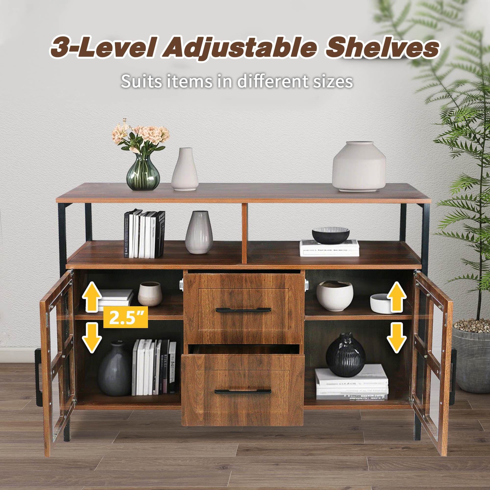 DL Store Living Room Buffet Cabinet with Glass Doors & Drawers — Brown