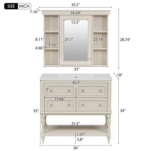 36 Inch Bathroom Vanity Medicine Cabinet Beige Cydd - View 3