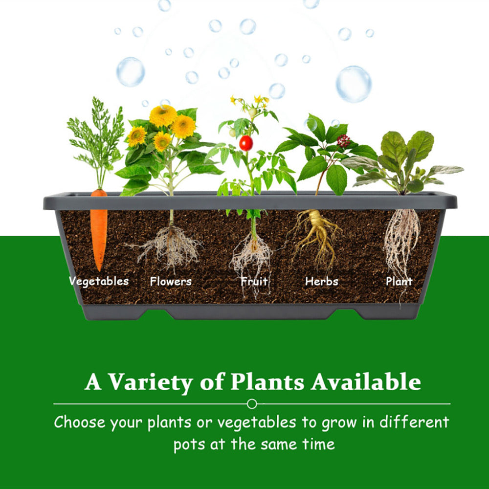Coocosh Planting Box with Various Plants including Vegetables, Flowers, and Herbs featuring rich soil and visible roots, sturdy Grey plastic design for indoor or outdoor use, perfect for promoting gardening and plant growth.